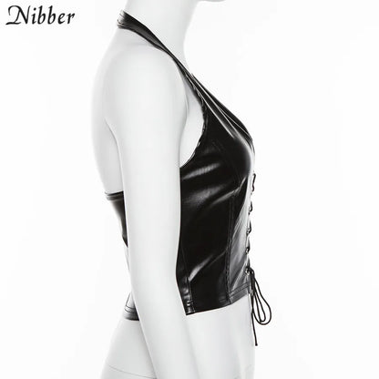 Nibber-Top corto Sexy Punk Y2K para mujer, Top corto de cuero PU negro, camisola con espalda al aire, chaleco de verano, ropa de moda para discoteca, camisetas sin mangas 2022