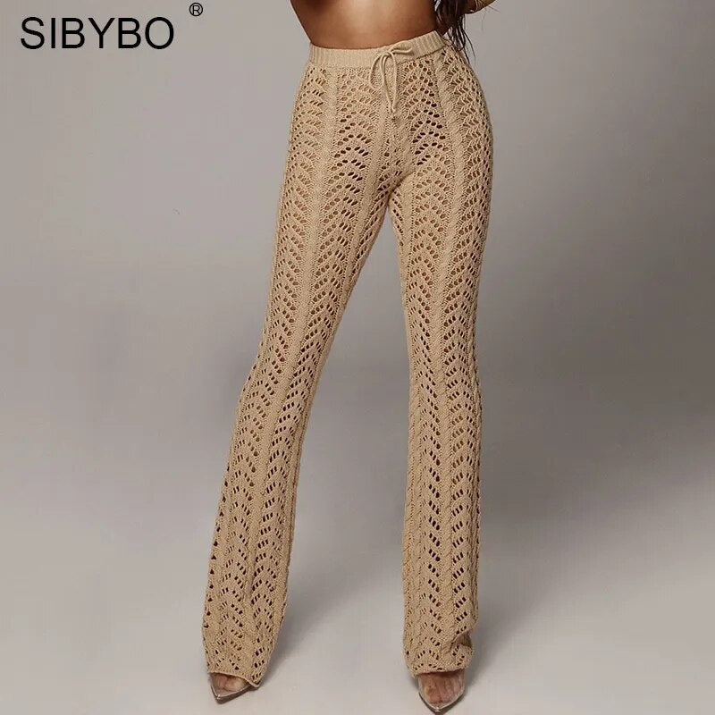 Sibybo Hollow Out Knitted High Waist Sexy Pants Women Fashion Crochet Loose Autumn Trousers Women Cotton Casual Ladies Pants