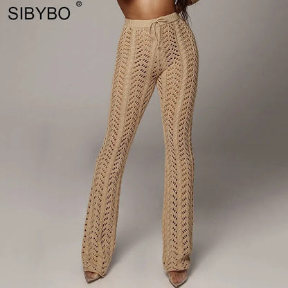 Sibybo Hollow Out Knitted High Waist Sexy Pants Women Fashion Crochet Loose Autumn Trousers Women Cotton Casual Ladies Pants