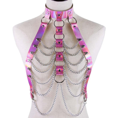 Holographische Leder Körper Kette Harness Top Punk Frauen Holo Regenbogen Taille Schmuck Festival Rave Outfit