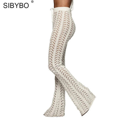 Sibybo Hollow Out Knitted High Waist Sexy Pants Women Fashion Crochet Loose Autumn Trousers Women Cotton Casual Ladies Pants