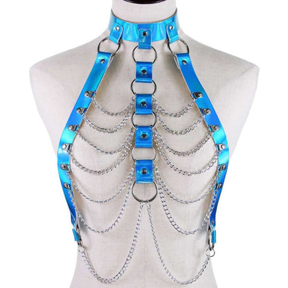 Holographische Leder Körper Kette Harness Top Punk Frauen Holo Regenbogen Taille Schmuck Festival Rave Outfit