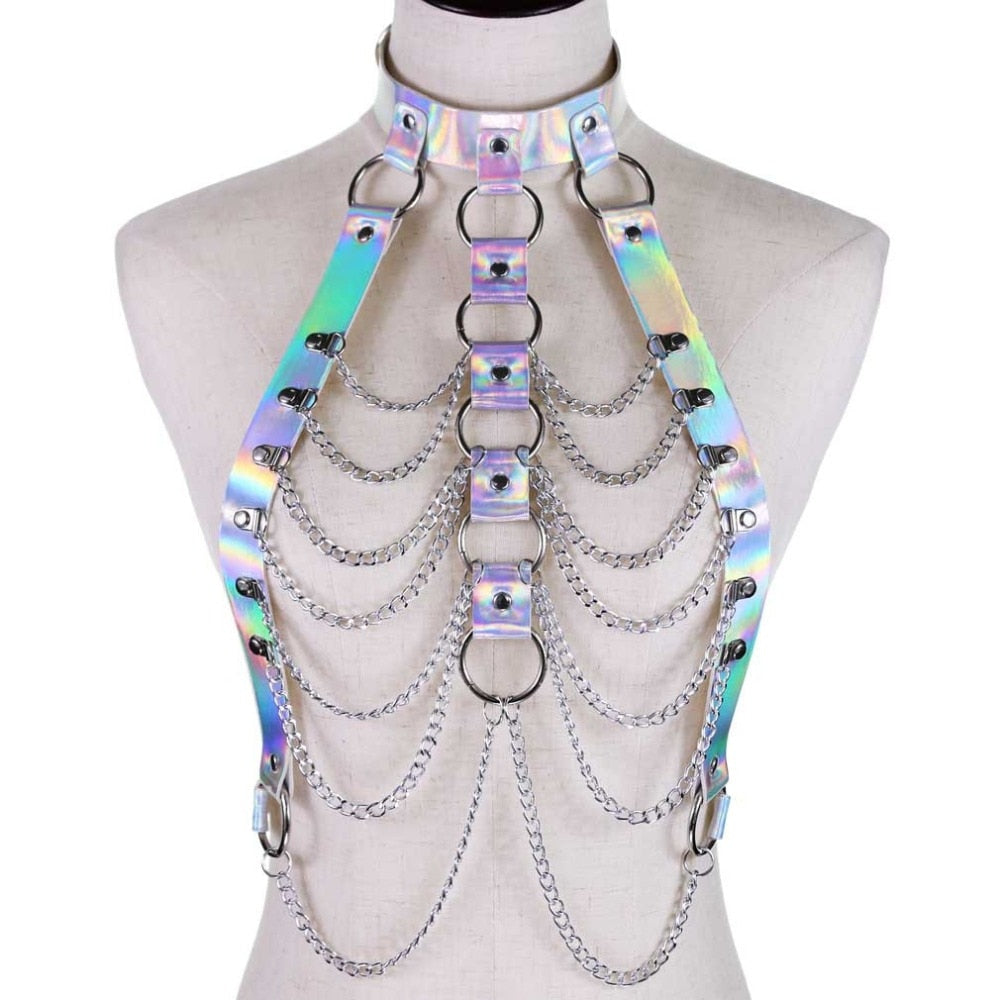 Holographische Leder Körper Kette Harness Top Punk Frauen Holo Regenbogen Taille Schmuck Festival Rave Outfit