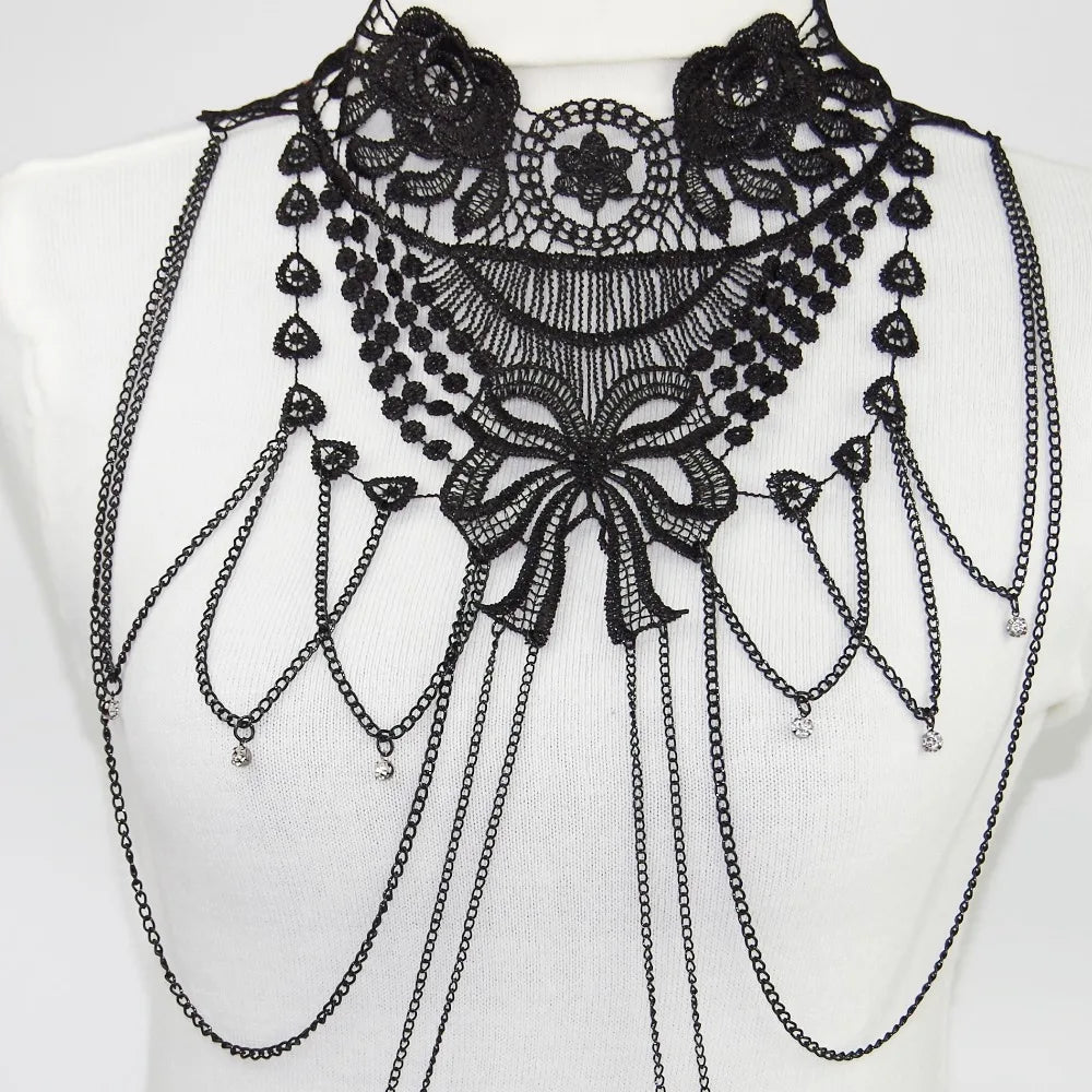 Schwarze Spitze Körperkette Schmuck Damen Cosplay Halloween Kostüme Weibliche Goth Accessoires