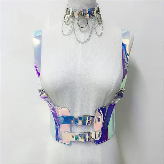 Goth Shiny Laser Transparent PVC Strumpfgürtel Frauen Sexy Körper Käfig Harness Gürtel Kristall Holographische Straps Taille Sculpting Gürtel