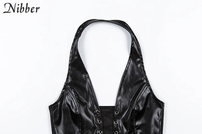 Nibber Sexy Punk Y2K Schwarz PU Leder Crop Top Damen Rückenfreies Leibchen 2022 Sommer Weste Fashion Club Tragen Tank Tops