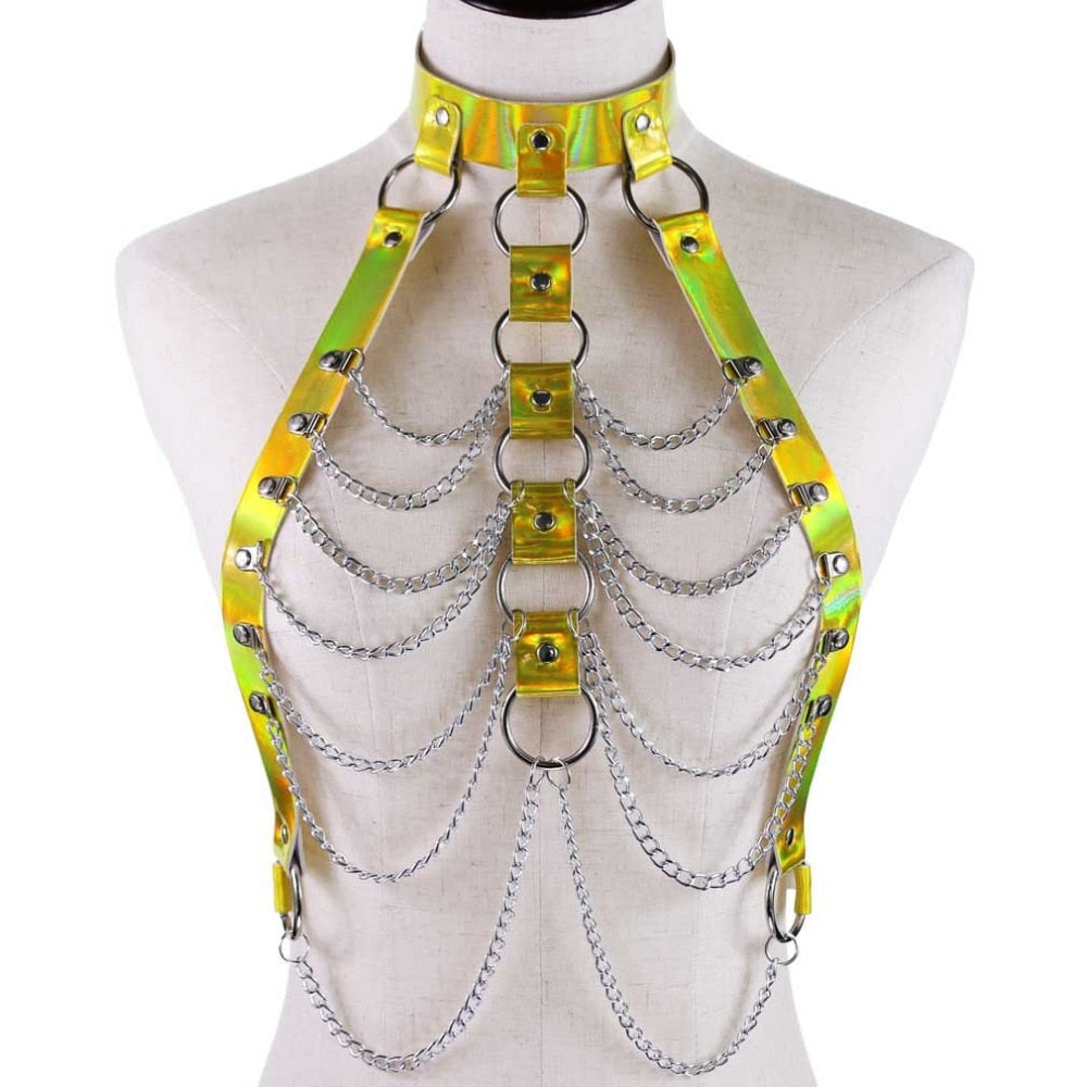 Holographische Leder Körper Kette Harness Top Punk Frauen Holo Regenbogen Taille Schmuck Festival Rave Outfit