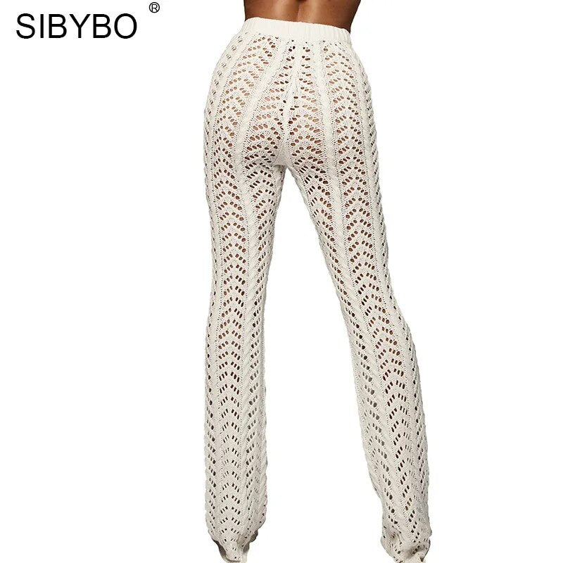 Sibybo, pantalones sexis de punto con agujeros de cintura alta, pantalones holgados de ganchillo a la moda para mujer, pantalones informales de algodón para mujer para otoño