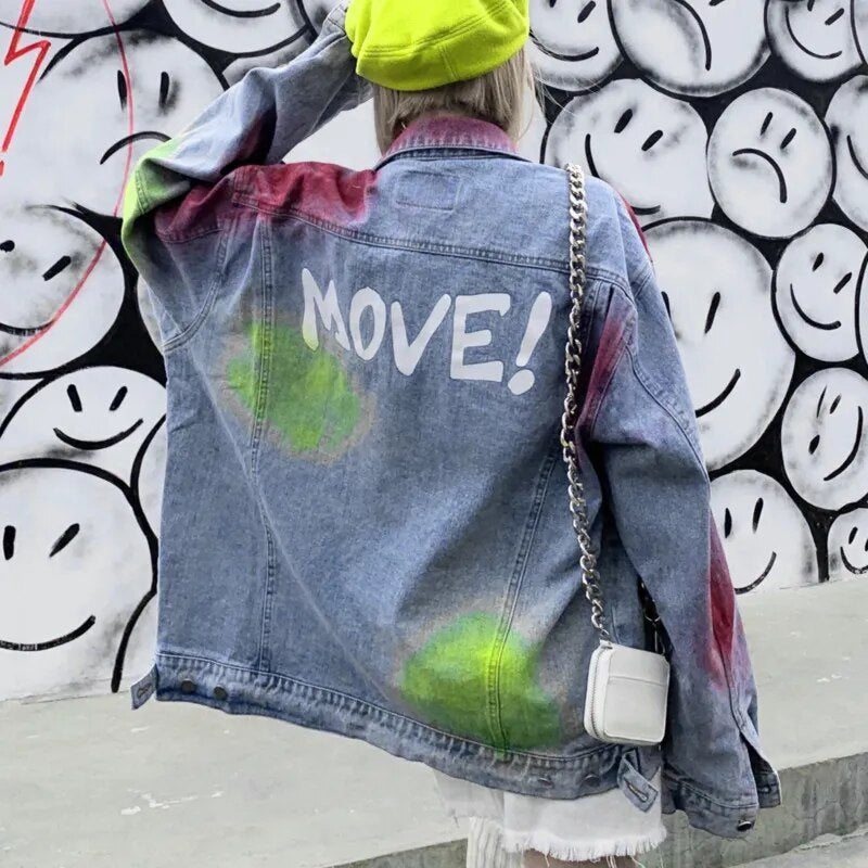 Oversized Lacquer Painted Graffiti Denim Jackets Womens 2023 Autumn Long Sleeve Loose Vintage BF Coats Harajuku Jackets Jeans