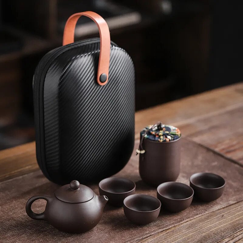 Lila Sand Teetassen Keramik Tragbare Teekanne Set Outdoor Reisen Gaiwan Teetassen Teezeremonie Teetasse Feines Geschenk Kung Fu Teeset