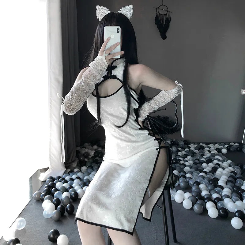 Sexy Dessous Anime Cosplay Kostüme Nachtwäsche Kleid Frauen Spitze Outfit Fancy Slim Fit Offene Brust Uniform Sexy Cheongsam