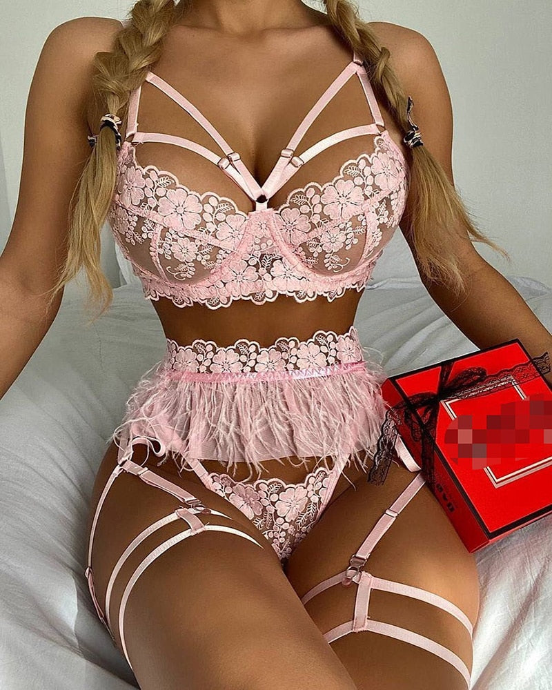 Feather Sexy Lingerie Women's Underwear Set Woman 3 Pieces Women Sets Lingerie Sexy Push up Sensual Lingerie Woman