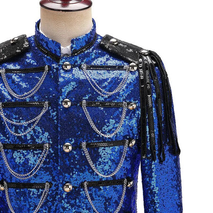 Royal Blue Sequin Embellished Military Blazer Jacket Men Stage Party Prom Mens Tuxedo Suit Jacket Singer Show DJ Costume Homme