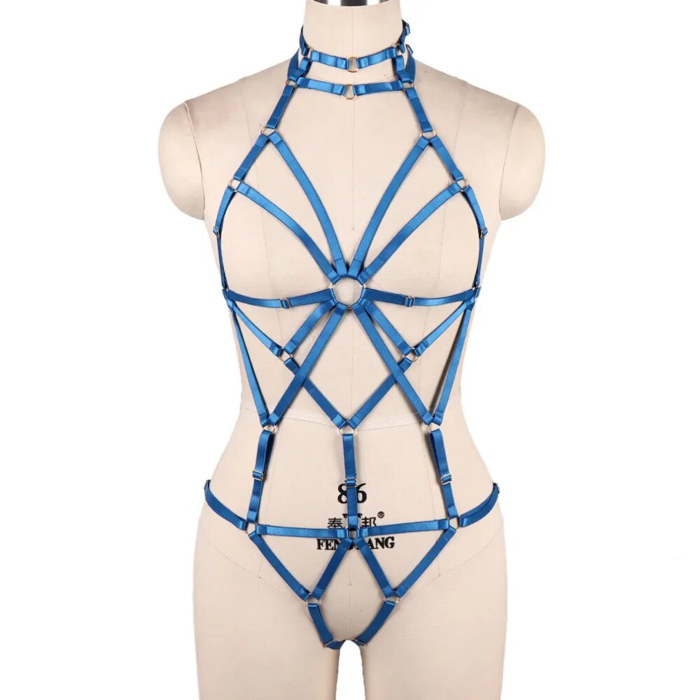 Women Blue Body Harness Bra Sexy Lingerie Full Set Punk Goth Night Rave Body Cage Top Panties Suspender Adjust Garter Belt