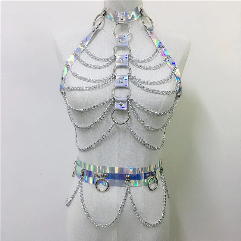 Holographische PU Zwei Stück Set Strumpfband Aushöhlen Halsband Abdeckung Up Crop Top Verstellbare Taille Kette Musik Festival Dame Hot strumpfbänder