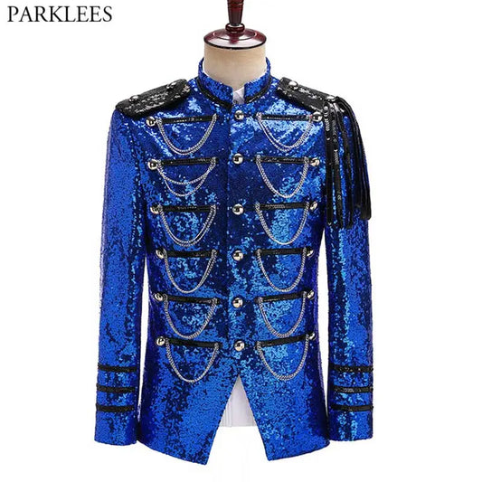 Royal Blue Sequin Embellished Military Blazer Jacket Men Stage Party Prom Mens Tuxedo Suit Jacket Singer Show DJ Costume Homme