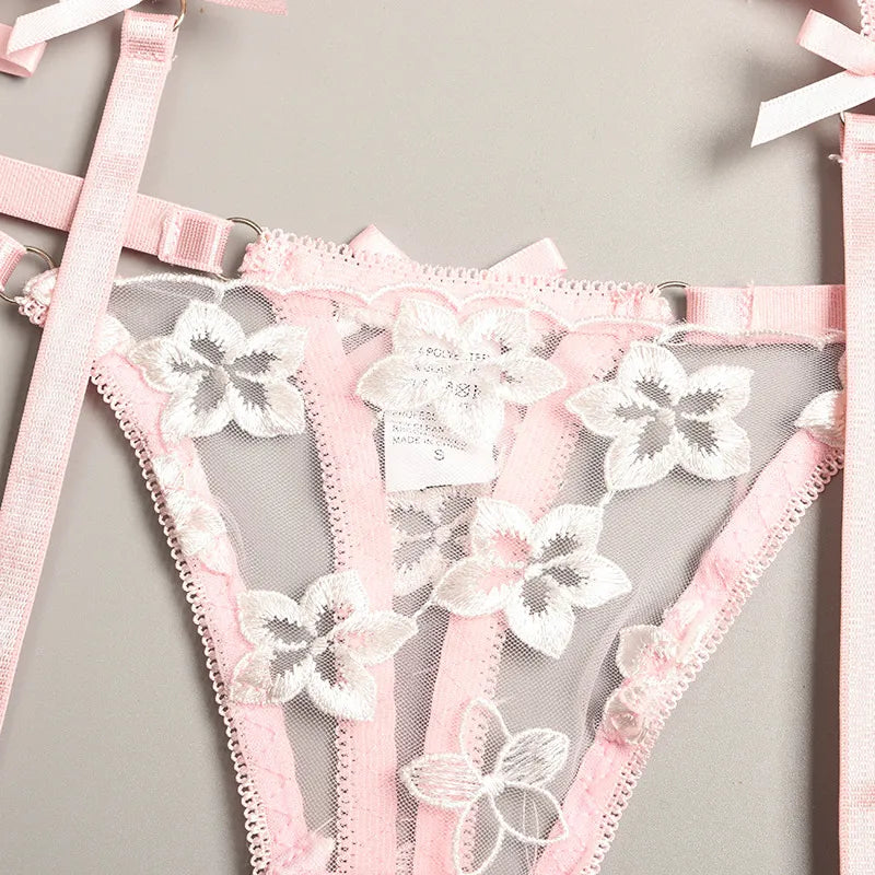 Floral Sinnliches Dessous Spitze Stickerei Unterwäsche Set 3 Stück Push Up BH Intim Transparent Bilizna Set