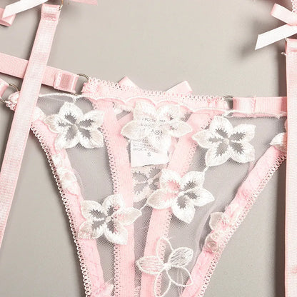 Floral Sinnliches Dessous Spitze Stickerei Unterwäsche Set 3 Stück Push Up BH Intim Transparent Bilizna Set