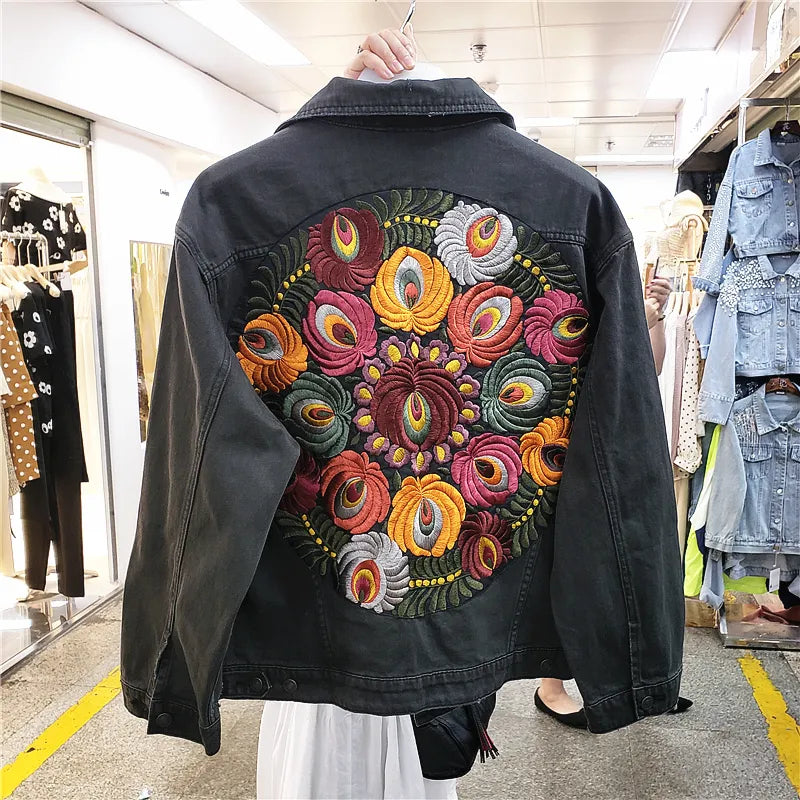 Vintage Oversized Multi Floral Embroidered Denim Jacket Women Cowboy Long Sleeve Lapel Casual Denim Coat Streetwear Outwear