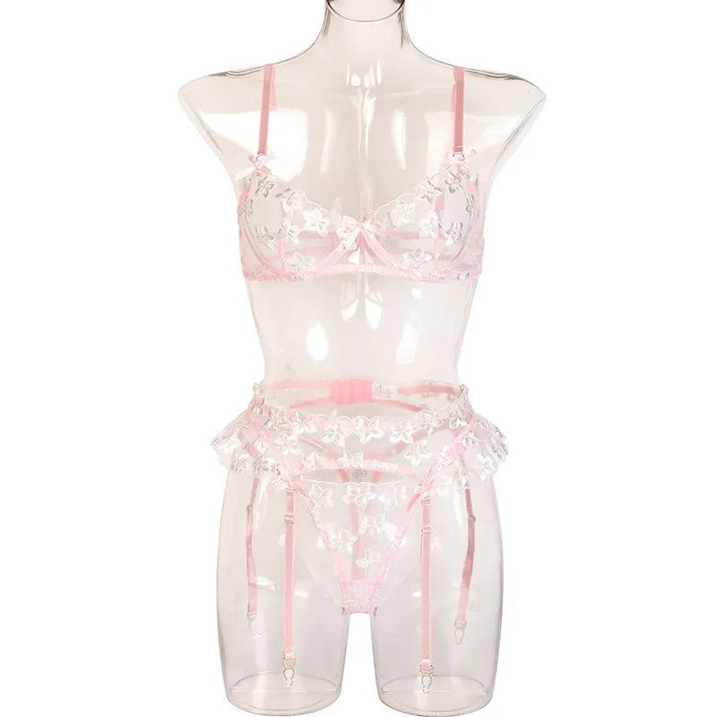 Floral Sinnliches Dessous Spitze Stickerei Unterwäsche Set 3 Stück Push Up BH Intim Transparent Bilizna Set