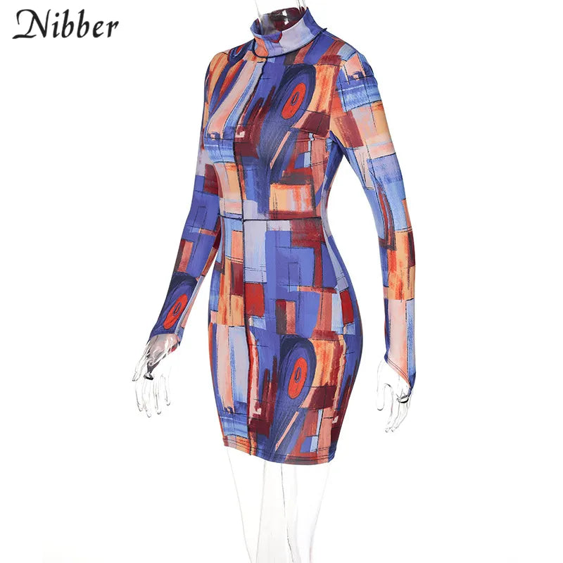 Nibber Bohemian Fashion Mini Slim Dresses Round Neck Color Print Design Bodycon For Women Go Out Vacation Street Club Party Wear