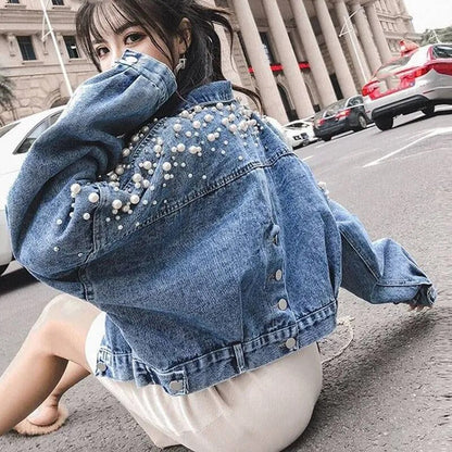 Spring Coats And Jackets Women Korea Sweet Pearl Decor Denim Jacket Short Jacket Pearls Long Sleeve Casual Pockets Loose Clothes