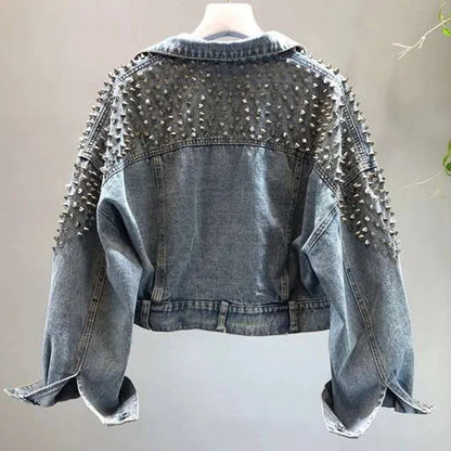 Primavera nueva chaqueta vaquera para mujer remache locomotora viento Jeans abrigo de manga larga chaquetas de mujer brillo azul holgado Casual Casaco Femme