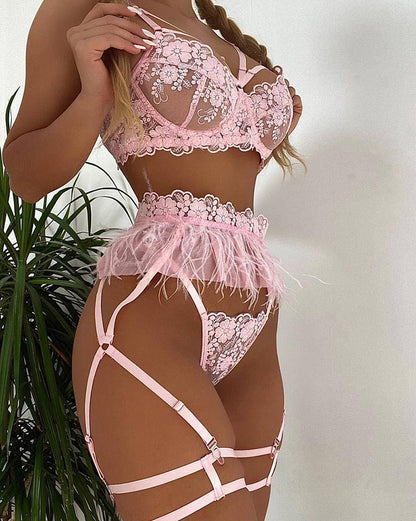 Feather Sexy Lingerie Women's Underwear Set Woman 3 Pieces Women Sets Lingerie Sexy Push up Sensual Lingerie Woman