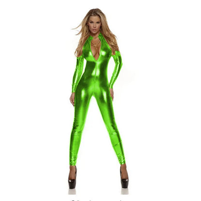 Mono elástico Zentai de manga larga con cremallera y cuello alto para mujer, traje de gato metálico brillante, ropa para discoteca de baile en barra, disfraz de Halloween