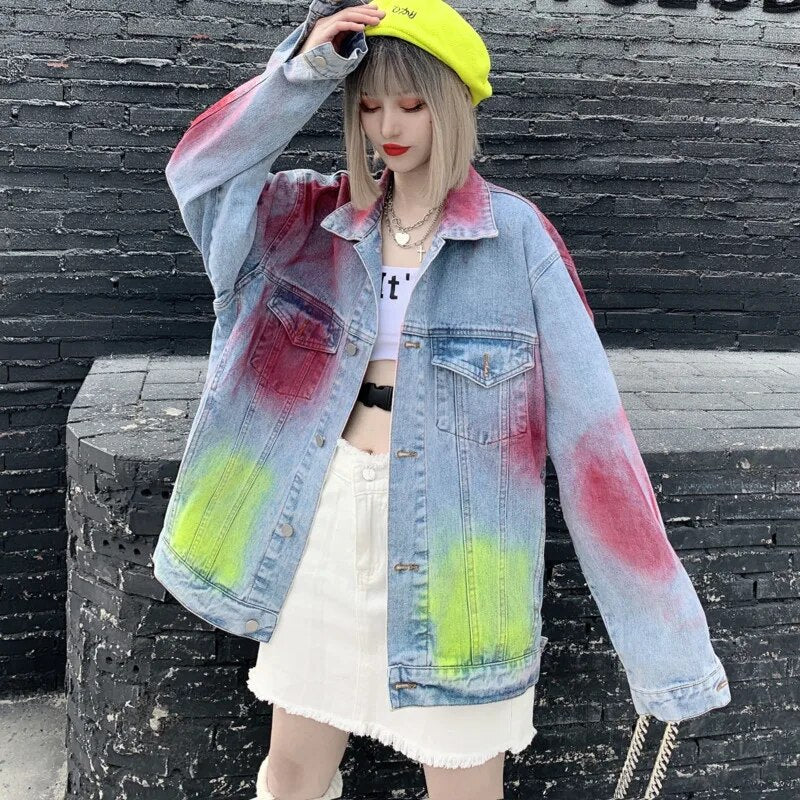 Oversized Lacquer Painted Graffiti Denim Jackets Womens 2023 Autumn Long Sleeve Loose Vintage BF Coats Harajuku Jackets Jeans