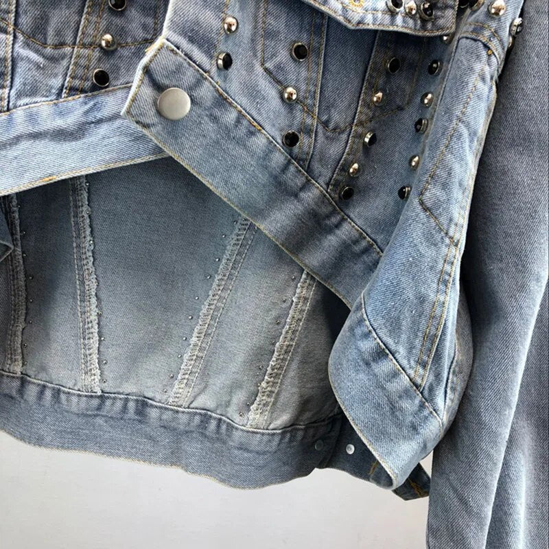 Weibliche Oberbekleidung Mode Mit Nieten Diamant Denim Jacke Frauen Kleidung Kurze Schlanke Unregelmäßige Denim Mantel Frauen Chaqueta De Mezclilla