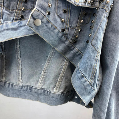 Weibliche Oberbekleidung Mode Mit Nieten Diamant Denim Jacke Frauen Kleidung Kurze Schlanke Unregelmäßige Denim Mantel Frauen Chaqueta De Mezclilla