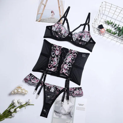 Sensual Lingerie Woman  Women's Underwear Fancy Bra with Bones Brief Sets  Waistband Sexy Bilizna Set