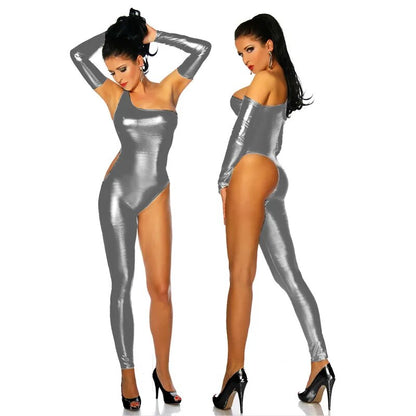 Neuheit Frauen Nachtclub Pole Dance Kostüm Sexy Ein Bein Und Eine Schulter Overall Shiny Metallic Skinny Body Mit Handschuhen