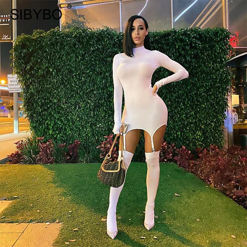 SIBYBO Black Hook Socks Bodycon Dress Women Autumn Long Sleeve Turtleneck Mini Dresses With Gloves Women Sexy Party Vestidos