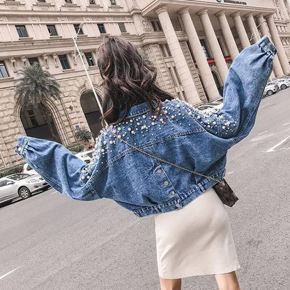 Abrigos y chaquetas de primavera para mujer, chaqueta vaquera con decoración de perlas dulces de Corea, Chaqueta corta con perlas, ropa holgada informal de manga larga con bolsillos