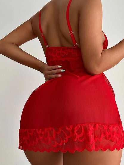 Sexy Sleepwear Deep-V Night Dress Women Sleeping Nightgown Red Lace Nightie Lingerie Sleeveless Mini Dress Homewear