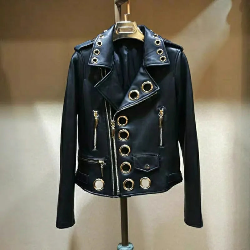 Leather Jacket Women Spring 2023 New Women Clothing All-match Fashion Metal Circle Thinner PU Leather Jacket Women's Short Trend