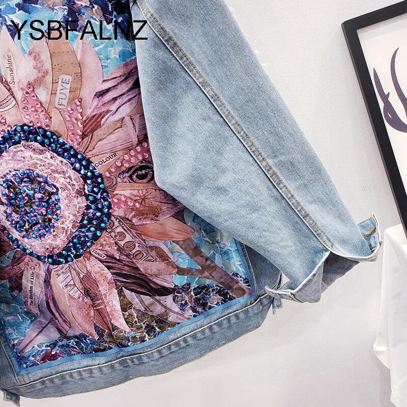 Frauen Denim Jacke Feminine Frühling Herbst Boho Pailletten Blumen Applikationen Stickerei Mantel Langarm Oberbekleidung Weibliche Veste Femme