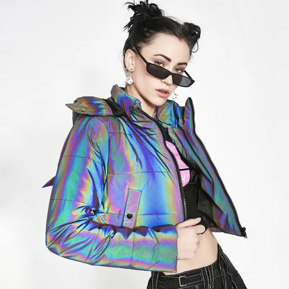 Winter Warm Women Rainbow Reflective Jacket Parka Hip Hop Fashion Short Long Female Cotton-Padded Hooded Coat Crop Top Dropshing