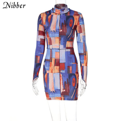 Nibber Bohemian Fashion Mini Slim Kleider Rundhals Farbdruck Design Bodycon für Frauen Ausgehen Urlaub Street Club Party Wear