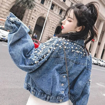 Abrigos y chaquetas de primavera para mujer, chaqueta vaquera con decoración de perlas dulces de Corea, Chaqueta corta con perlas, ropa holgada informal de manga larga con bolsillos