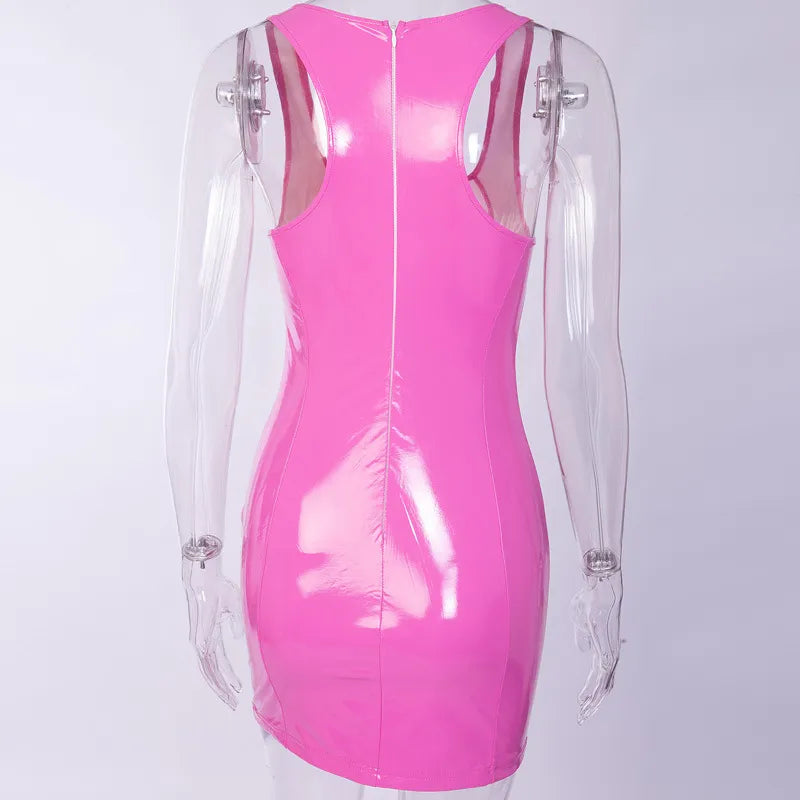 Vestido ajustado de cuero rosa para mujer, minivestido Sexy ajustado sin mangas con cuello cuadrado y PU para fiesta en club nocturno de verano