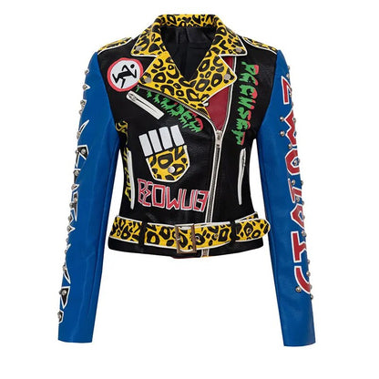 Frühlingsjacke aus Kunstleder mit hoher Taille für Damen, Graffiti-Leopardenmuster, Nieten-Motorradbekleidung