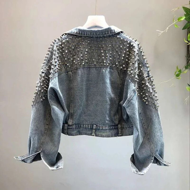 Frühling Neue Frauen Denim Jacke Niet Lokomotive wind Jeans Mantel Lange Hülse Frauen Jacken Schimmer Lose Blau Casual Casaco Femme