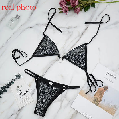 Sexy Diamant Unterwäsche BH Party Set Frauen Deep-V Neckholder BH Sets weiblich 2 Stück Bralette und Tanga Mode Schwarz Weiß