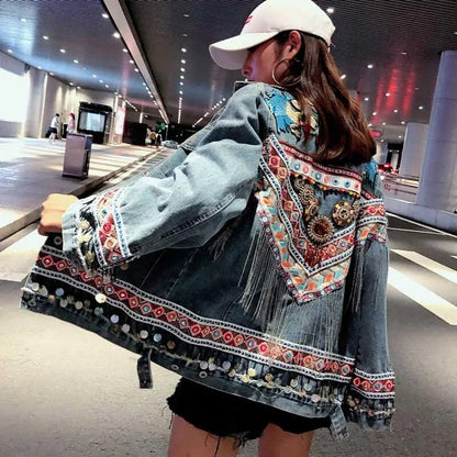 Chaqueta vaquera bordada para mujer, abrigo Vintage de manga larga, abrigos adornados de pasarela para Festival, Chaqueta elegante para mujer 2023