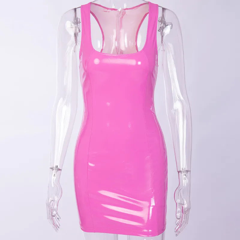 Vestido ajustado de cuero rosa para mujer, minivestido Sexy ajustado sin mangas con cuello cuadrado y PU para fiesta en club nocturno de verano