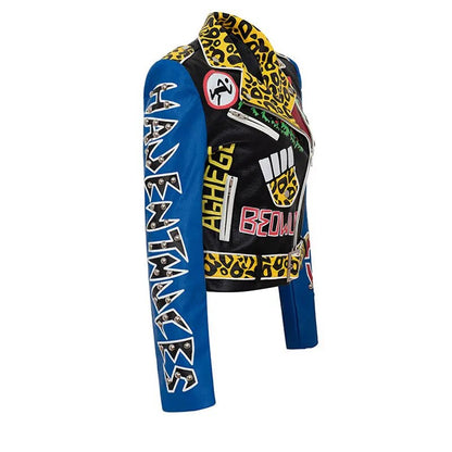 Frühlingsjacke aus Kunstleder mit hoher Taille für Damen, Graffiti-Leopardenmuster, Nieten-Motorradbekleidung