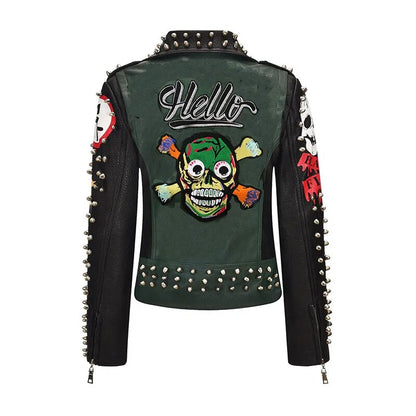 Spring Skull Pattern Graffiti Short Leather Jackets For Punk Women Rivet Slim Streetwear Motorcycle Jackets Coat